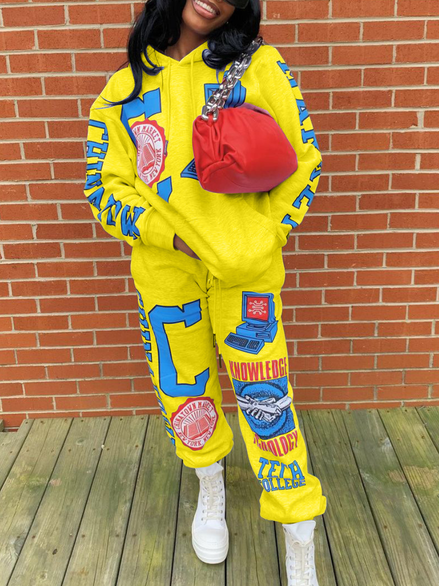 LW Plus Size Letter Print Kangaroo Pocket Tracksuit Set