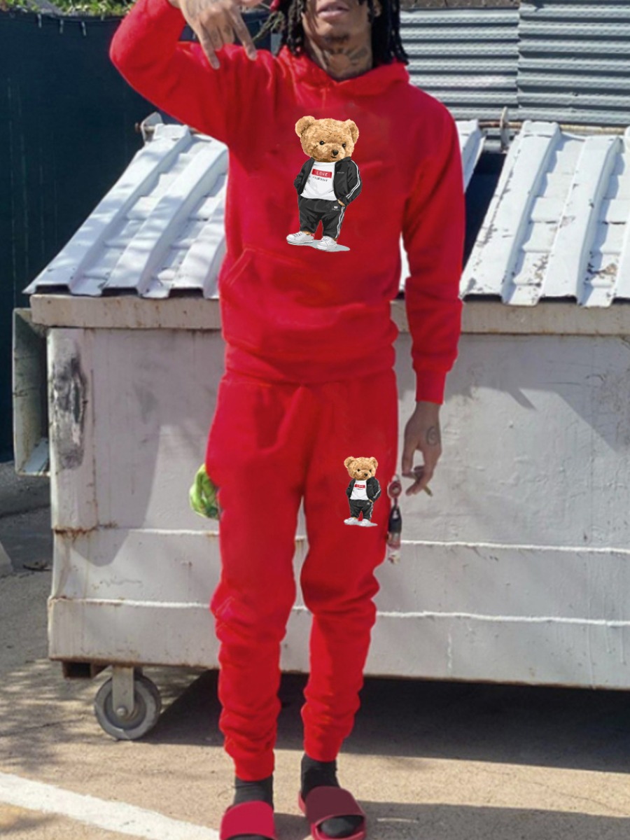 LW Men Teddy Bear Print Kangaroo Pocket Tracksuit Set