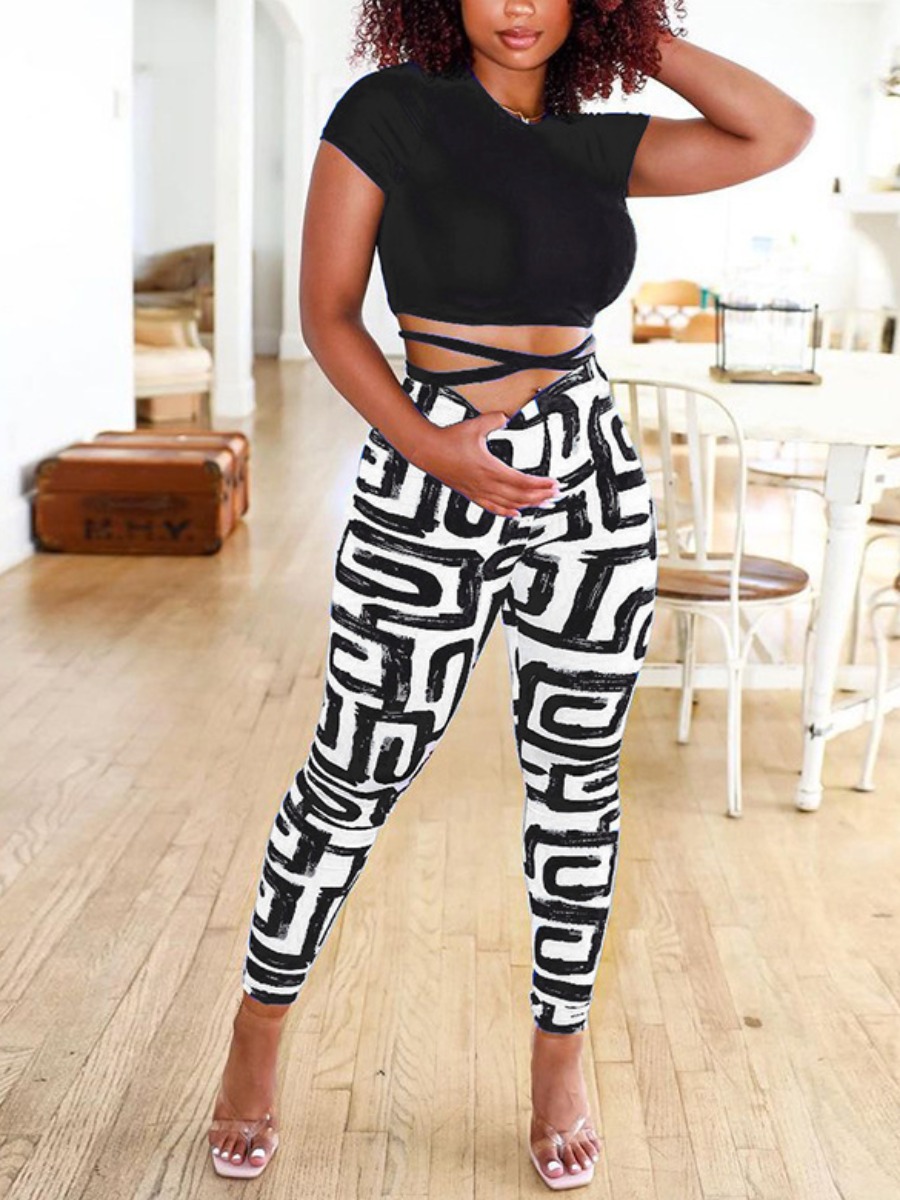 LW Crop Top Graffiti Print Bandage Design Pants Set