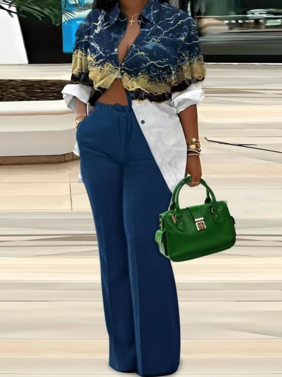 LovelyWholesale Plus Size Gradient Shirt Pocket Design Pants Set Fall Long Sleeve Casual Pocket Design Shirt collar  3X Spring Summer 2024
