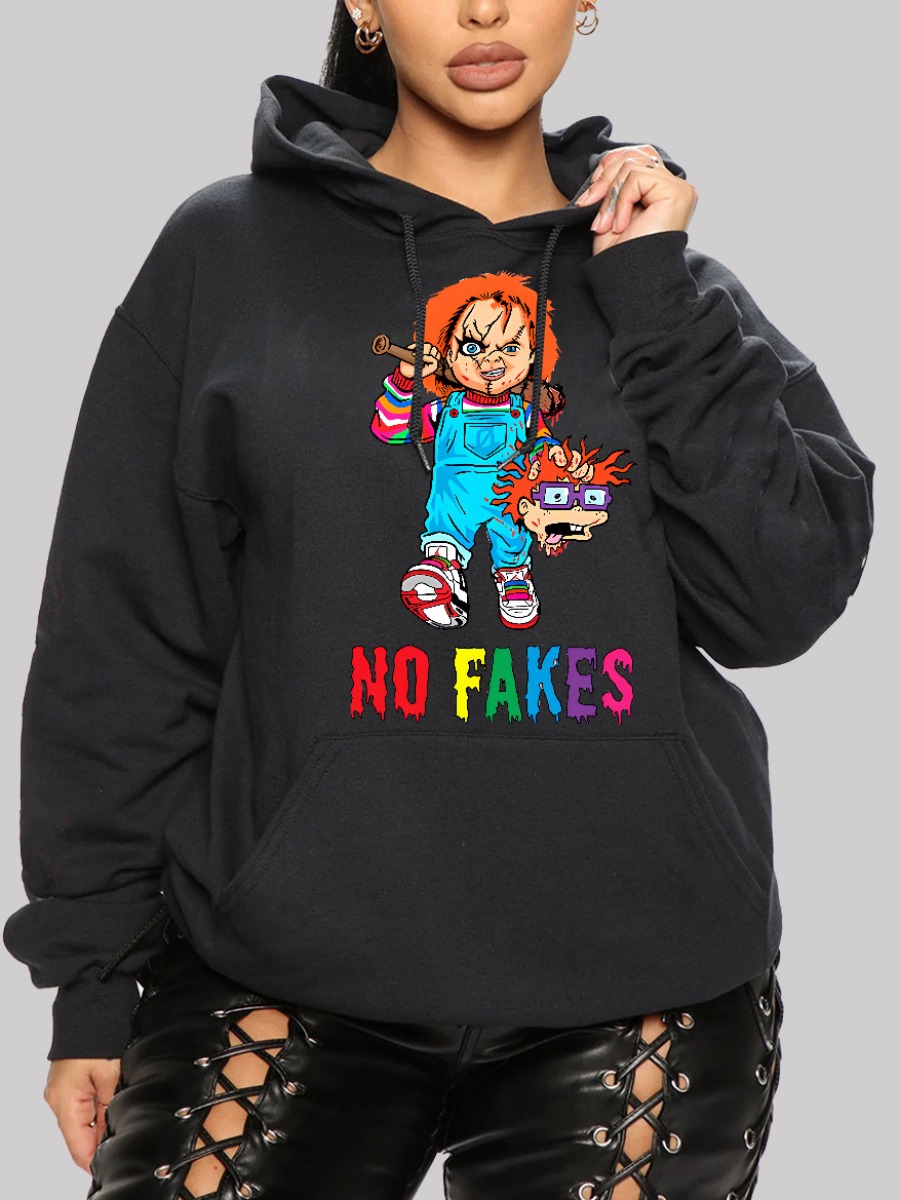 LW Plus Size Cartoon Letter Print Kangaroo Pocket 