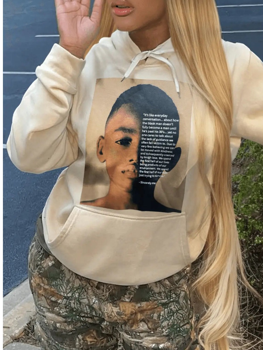 LW Figure Letter Print Kangaroo Pocket Hoodie