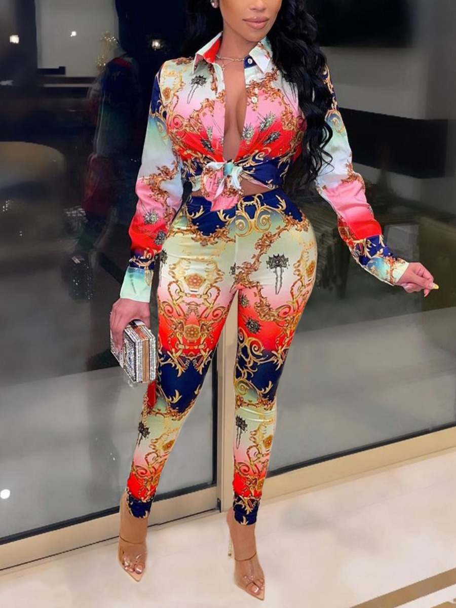 LovelyWholesale Gradient Tribal Print Skinny Pants Set Fall Long Sleeve Elegant Turndown Collar Spring Summer 2024