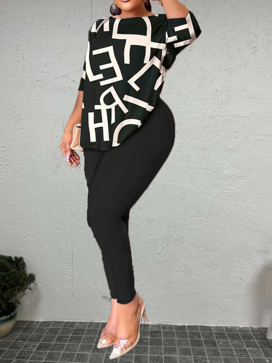 LW Plus Size Letter Print Back Knot Pants Set