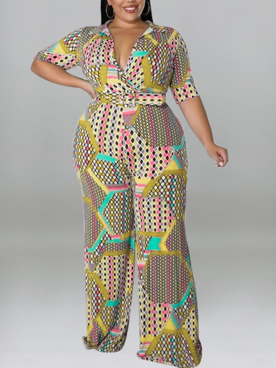 LW Plus Size Geometric Print Belt Design Wide Leg Jumpsuit
