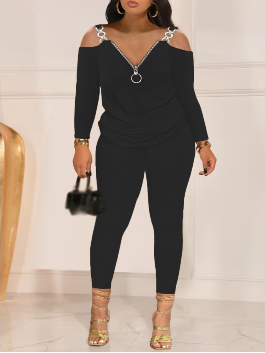 LovelyWholesale Plus Size Chain Decor Zipper Design Pants Set Spring Nine Points Sleeve Casual V Neck  3X Spring Summer 2024
