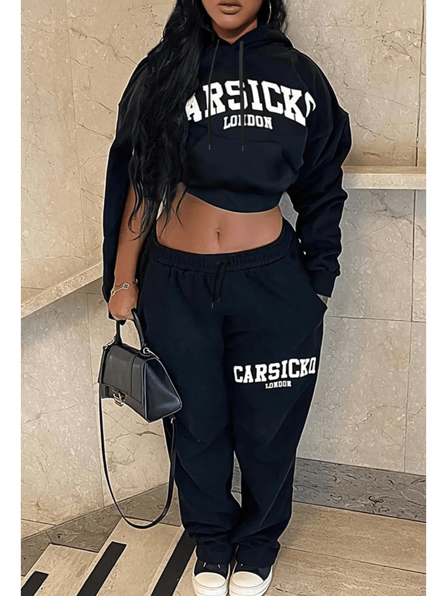 LW Letter Print Kangaroo Pocket Tracksuit Set