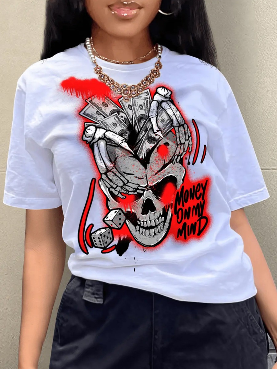 LW Skull Head Money Letter Print T-shirt