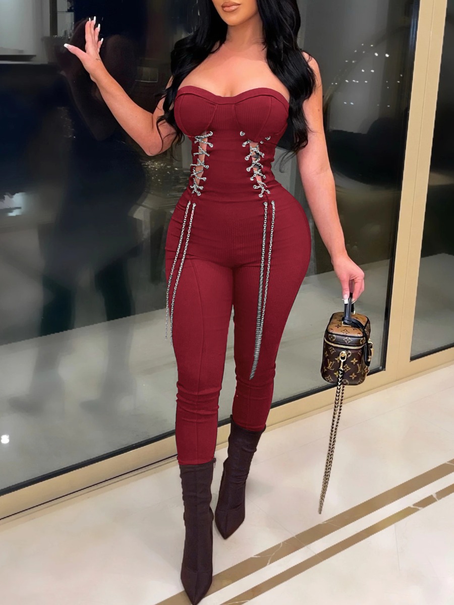 LW SXY Off The Shoulder Chain Decor Cut Out Jumpsuit