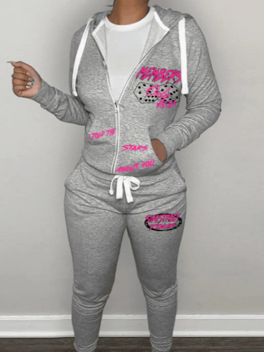 LovelyWholesale Letter Print Kangaroo Pocket Tracksuit Set Fall Long Sleeve Casual Drawstring U Neck Spring Summer 2024