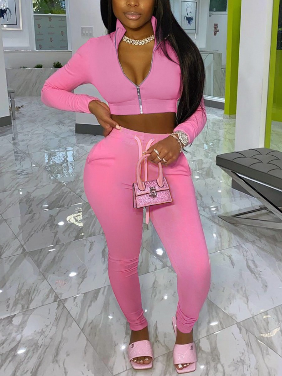 LovelyWholesale Plus Size Crop Top Skinny Drawstring Pants Set Fall Long Sleeve Casual Mandarin Collar  3X Spring Summer 2024
