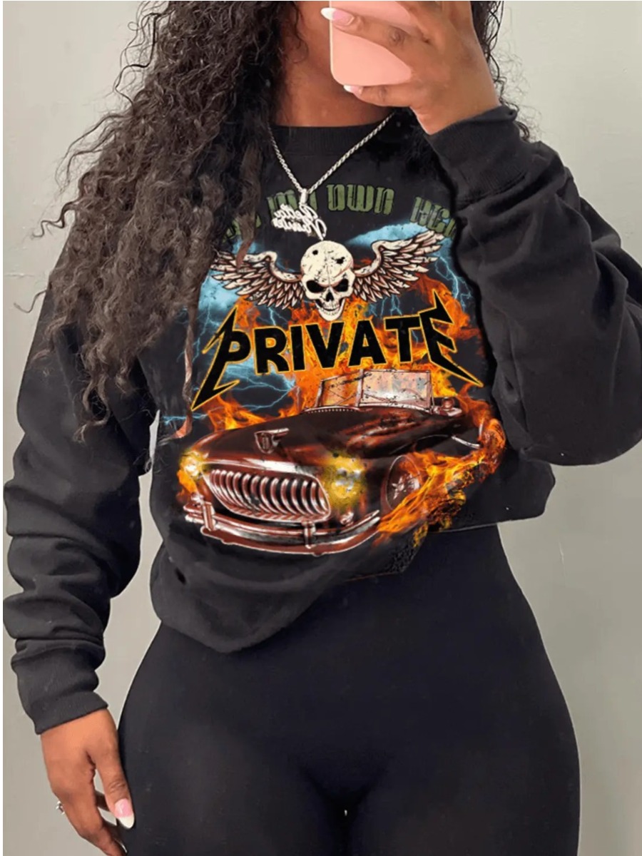 LW Plus Size Skull Head Racing Car Letter Print Sweatshirt