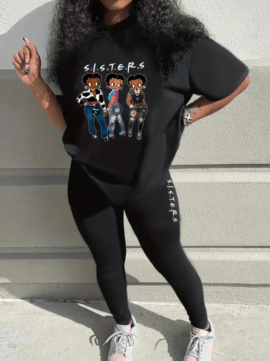 LW Pattern Print Cartoon Skinny Two-piece Pants Set
