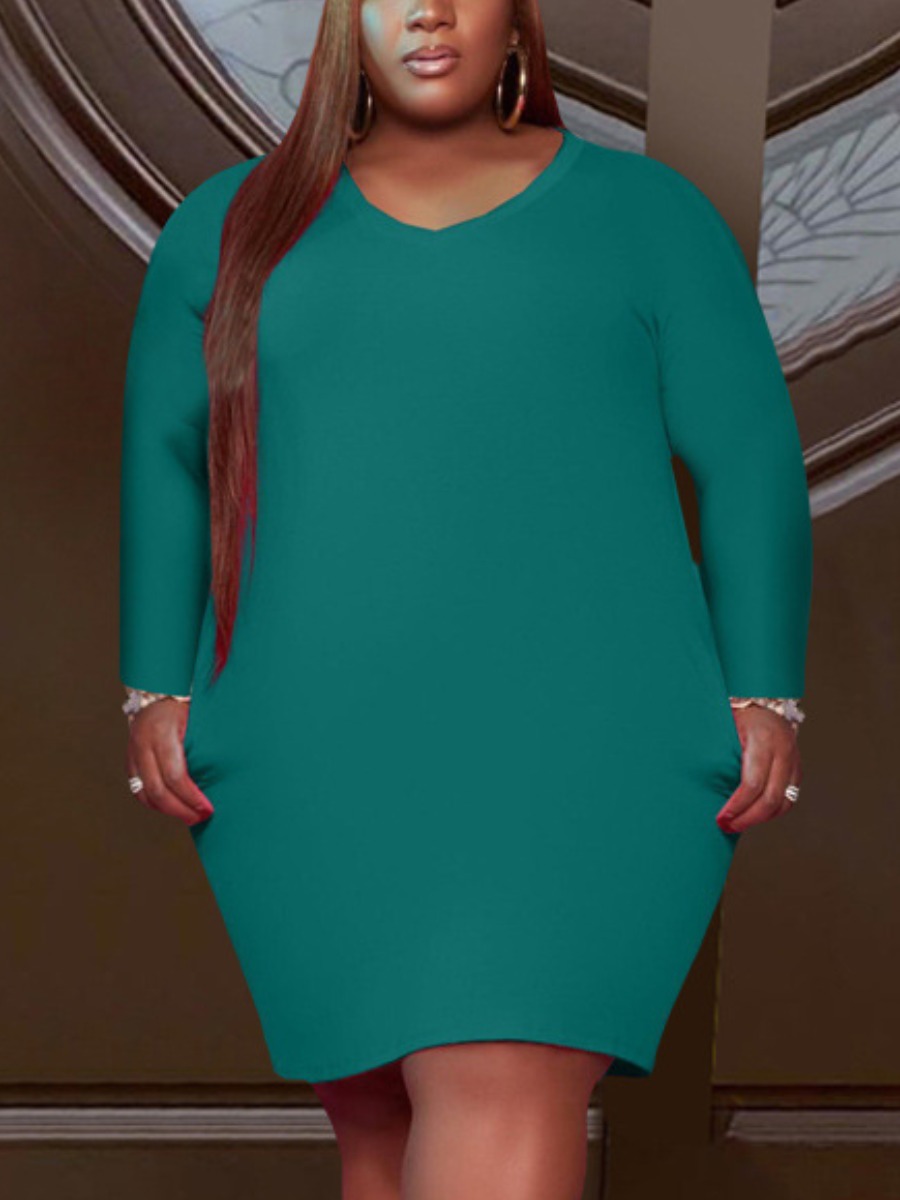 LW BASICS Plus Size V Neck Pocket Design Dress 1X