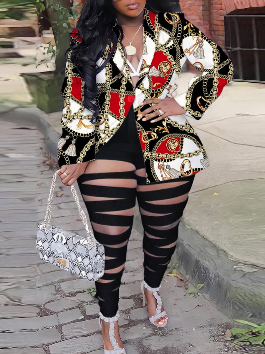 LovelyWholesale Plus Size Chain Print Ripped Button Design Blazer Pants Set Fall Long Sleeve Business Lapel Neck  5X Spring Summer 2024