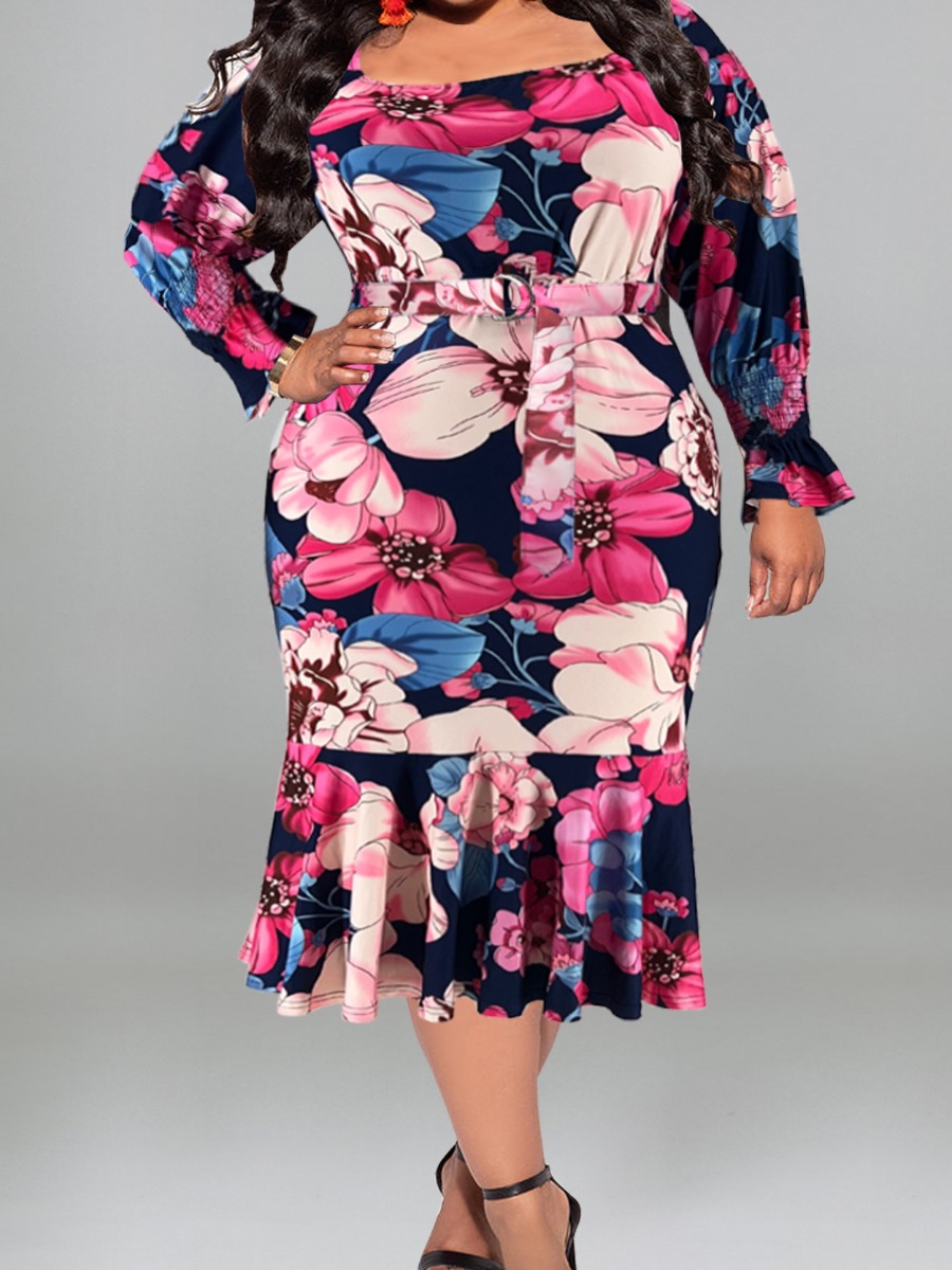 LW Plus Size Floral Print Flounce Design Bodycon Dress