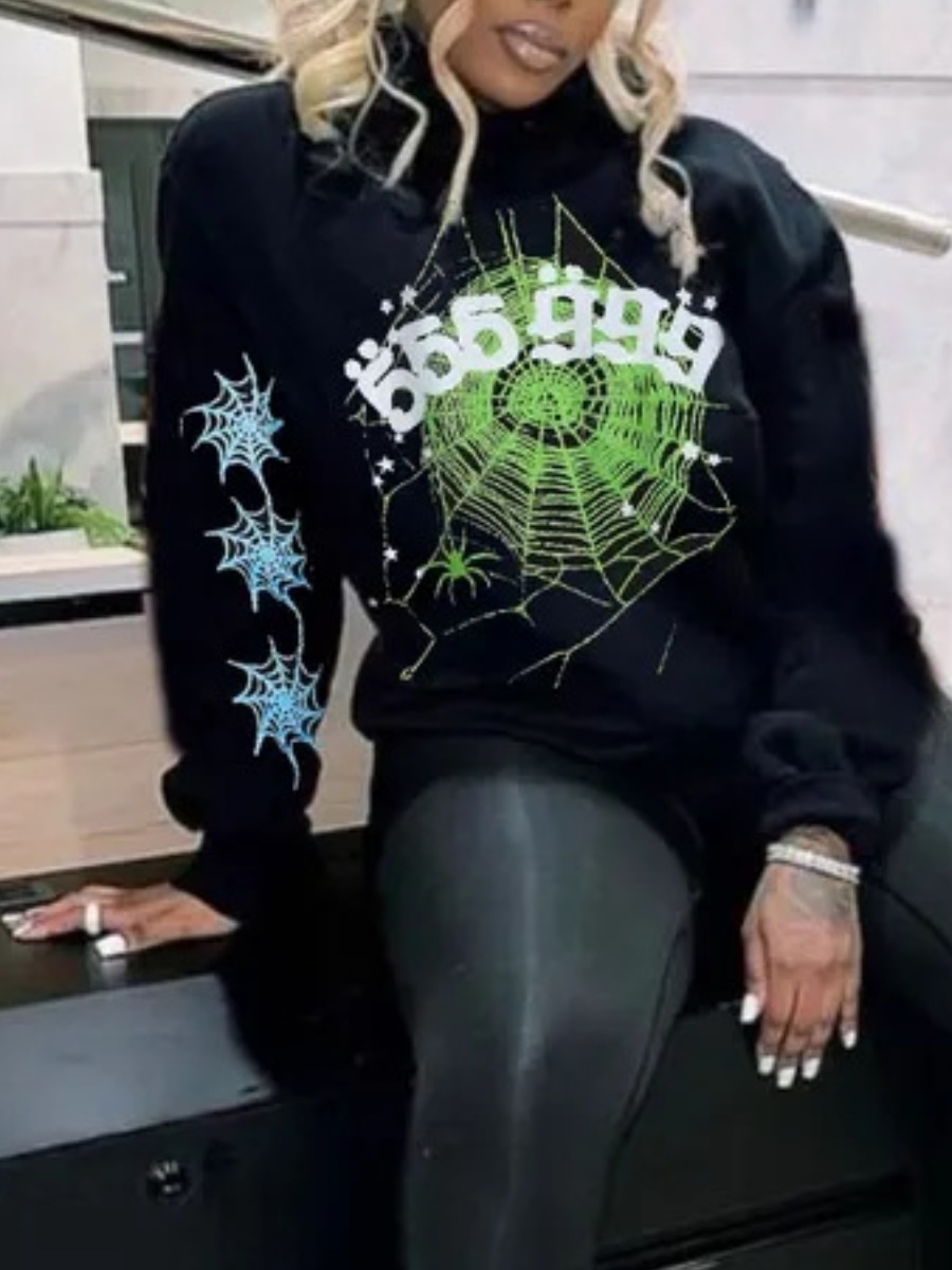 LovelyWholesale Spider Web Letter Print Hoodie Fall Nine Points Sleeve Street Drawstring V Neck Spring Summer 2024