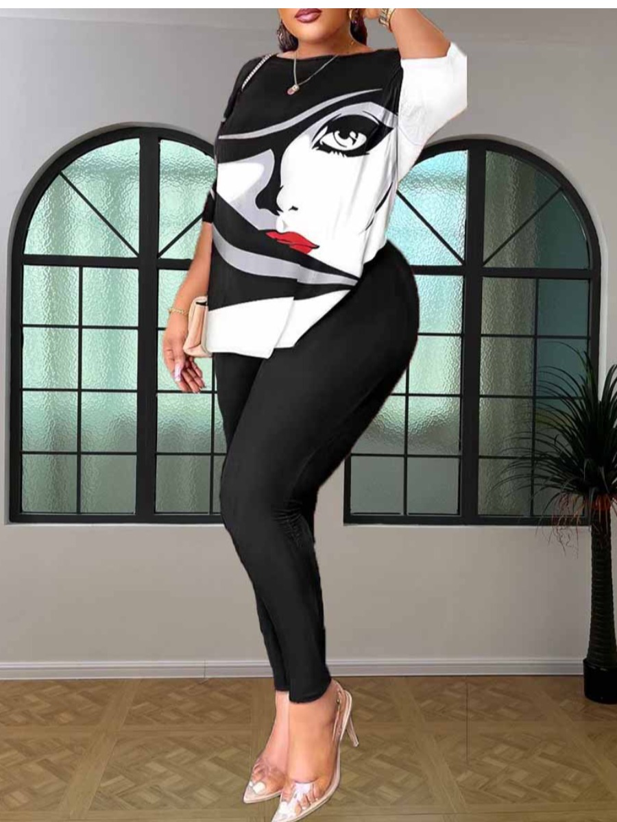 LW Plus Size Backless Pattern Print Skinny Pants Set