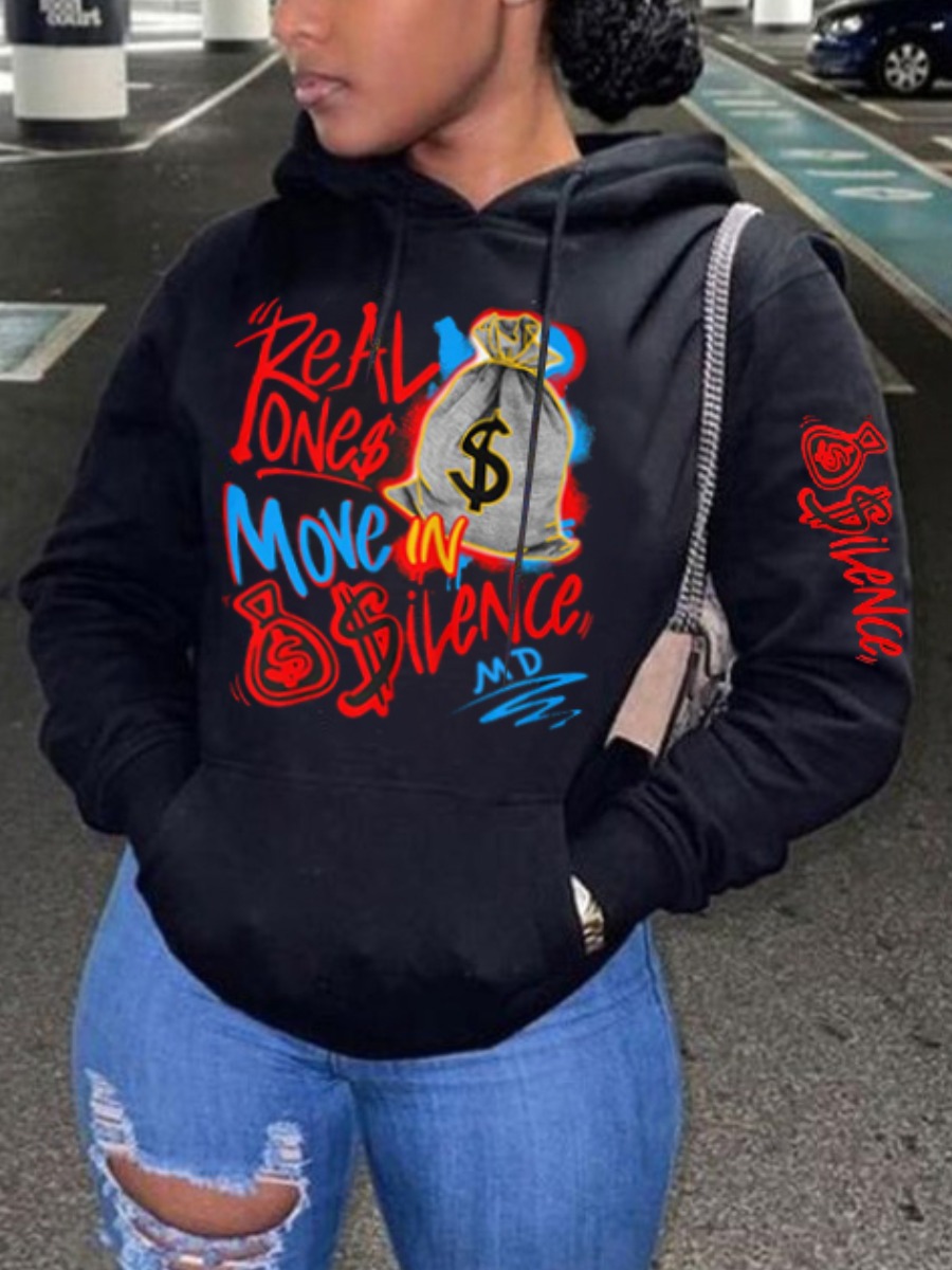 LW Plus Size Money Bag Letter Print Kangaroo Pocke