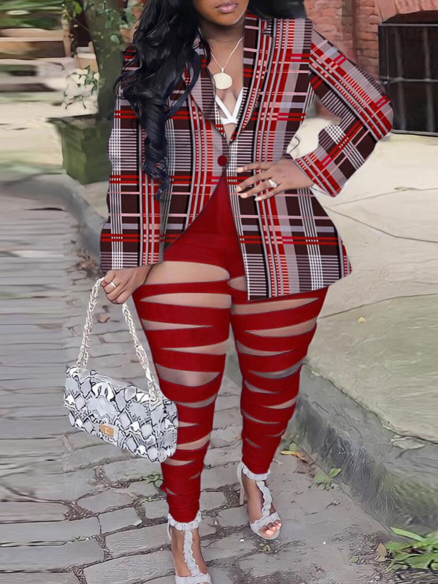 LW Plus Size Plaid Print Ripped Button Design Blazer Pants Set