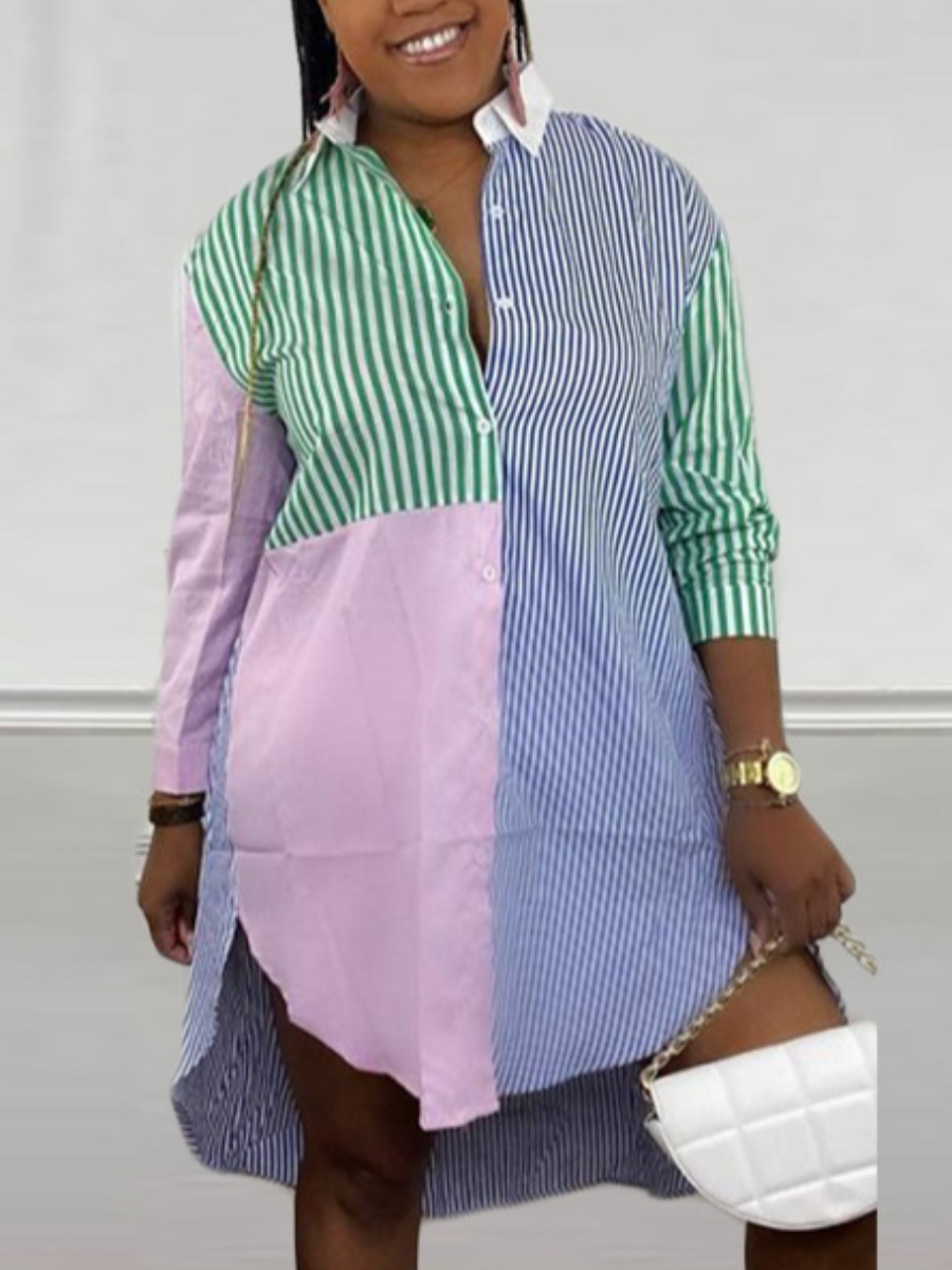 LW Striped Patchwork Shirt Dress