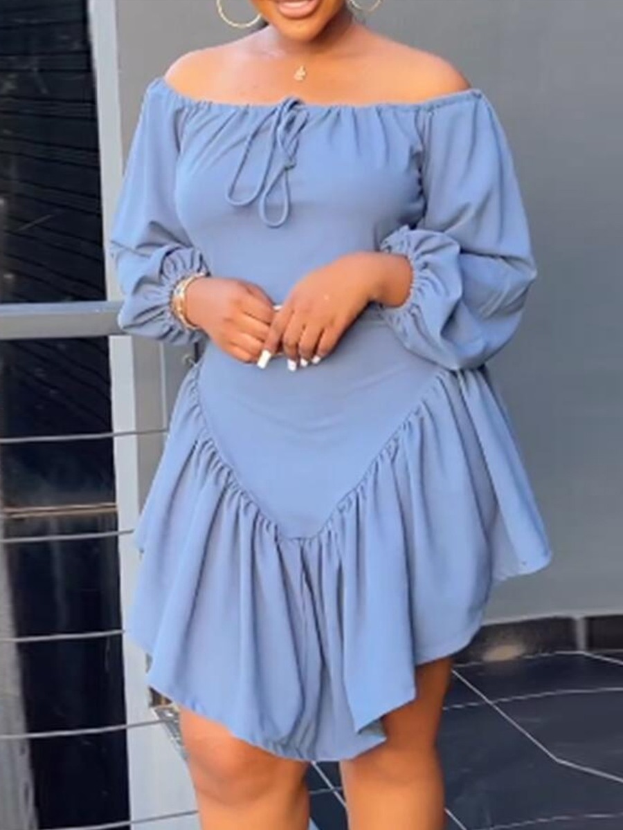 LovelyWholesale Plus Size Off The Shoulder Drawstring Ruffle Design Dress Fall Long Sleeve Sweet Bateau Neck  3X Spring Summer 2024