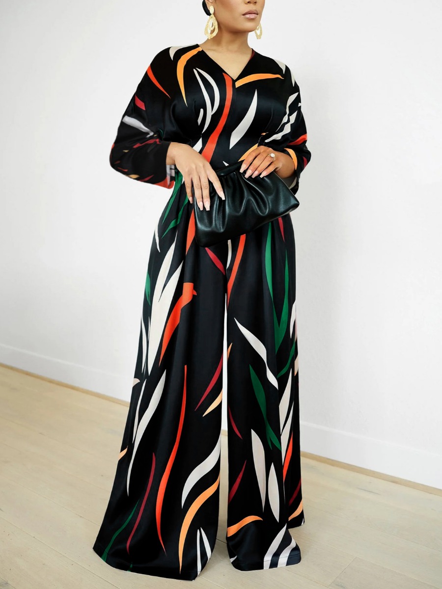 LW BASICS Plus Size V Neck Mixed Print Wide Leg Ju