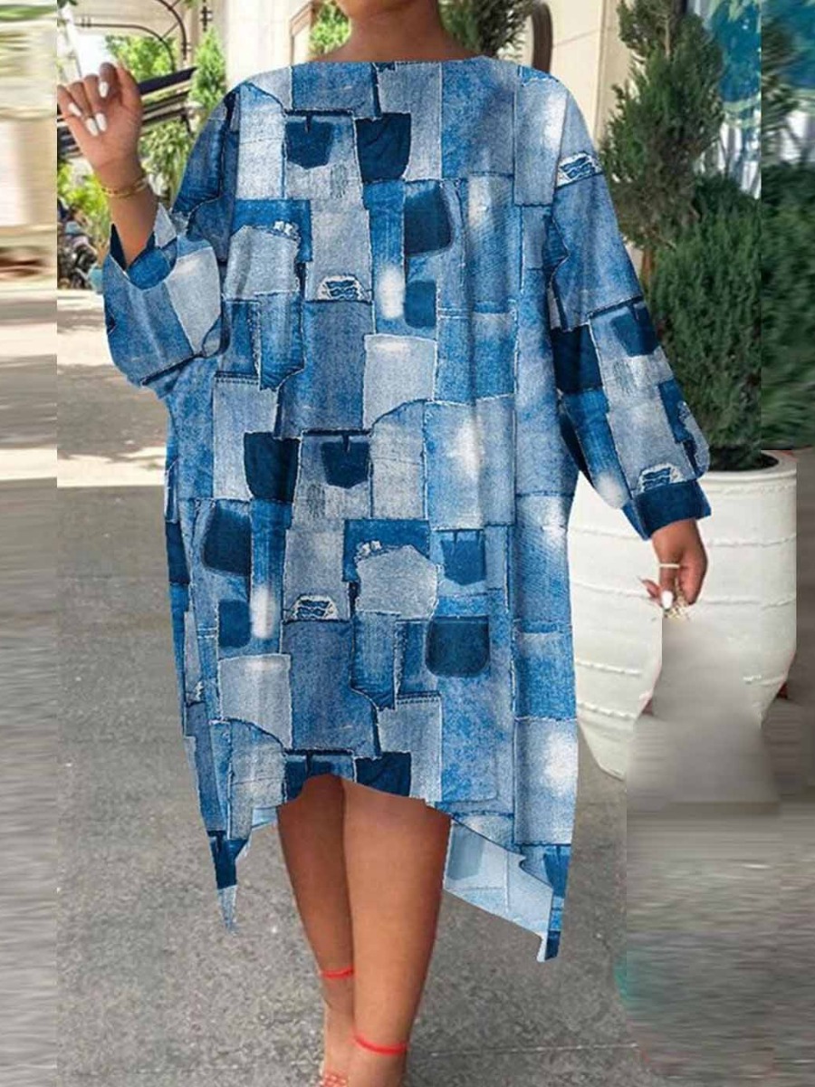 LW Plus Size Imitation Denim Round Neck Loose Dres