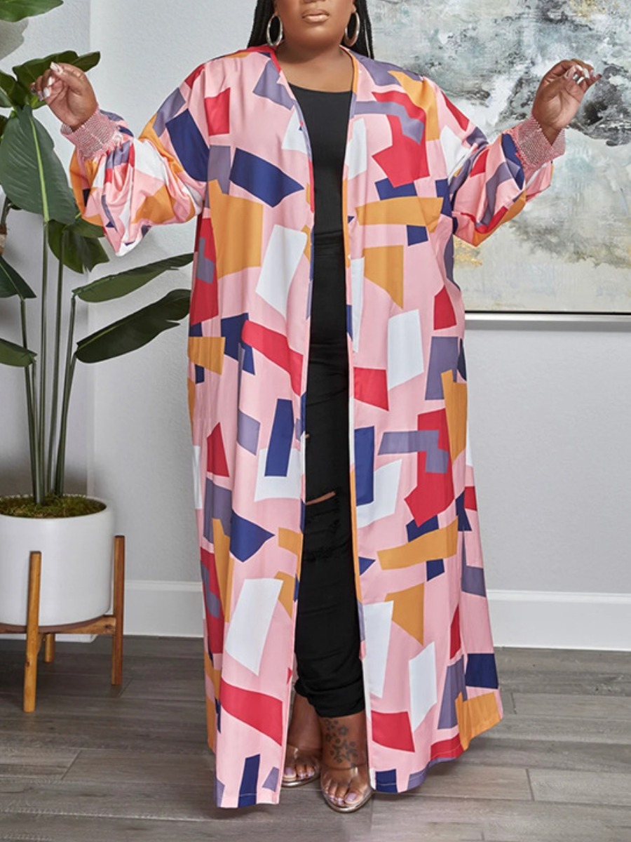 LW Plus Size Geometric Print Patchwork Trench Coat