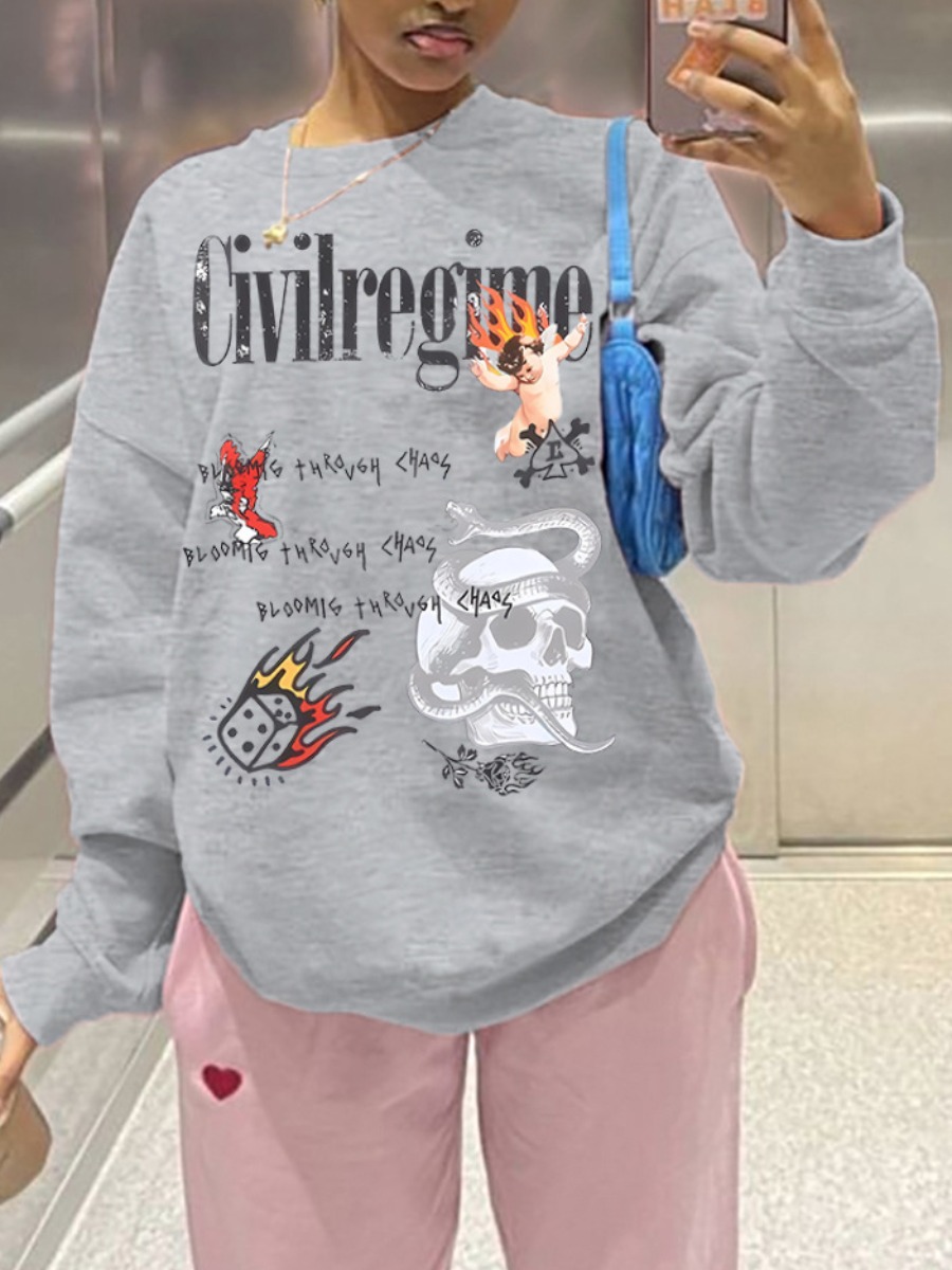 LW Plus Size Skull Head Letter Print Loose Sweatsh