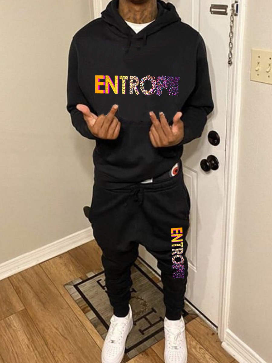 LW Men Gradient Letter Print Kangaroo Pocket Tracksuit Set