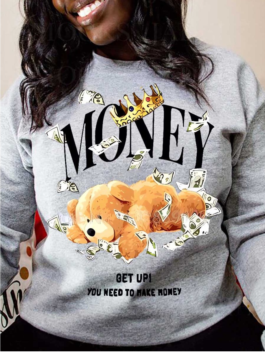 LW Plus Size Teddy Bear Money Crown Print Sweatshirt