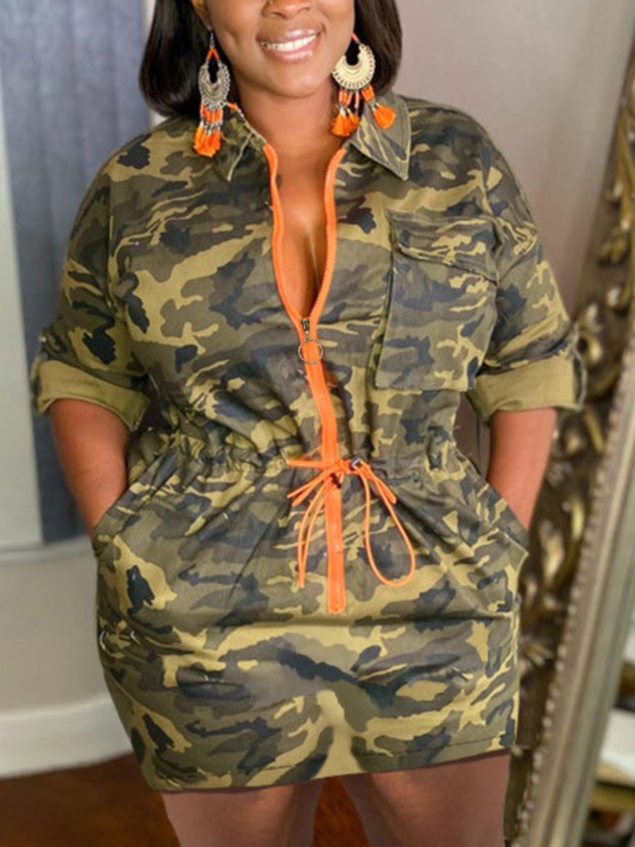 LW Plus Size Camo Print Drawstring Pocket Design D
