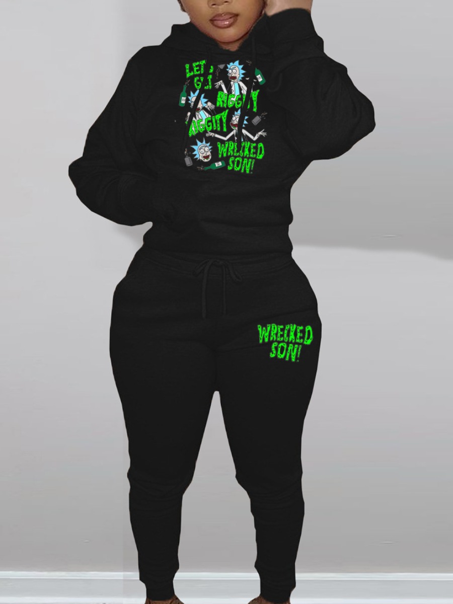 LW Drawstring Pattern Kangaroo Pocket Print Skinny Two-piece Pants Set