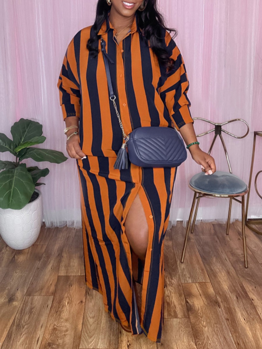 LW BASICS Plus Size Striped Side Split Shirt Dress