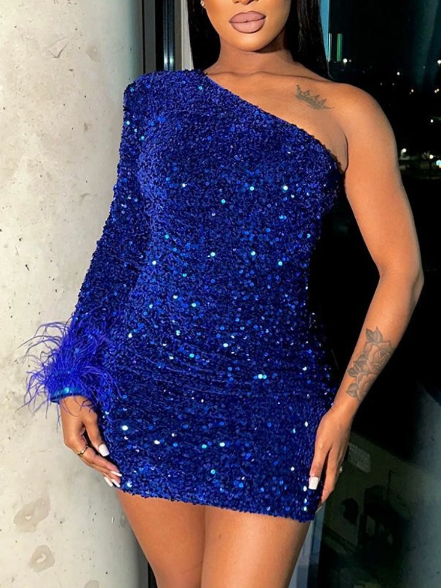 LW One Shoulder Sequined Feathers Decor Bodycon Dr