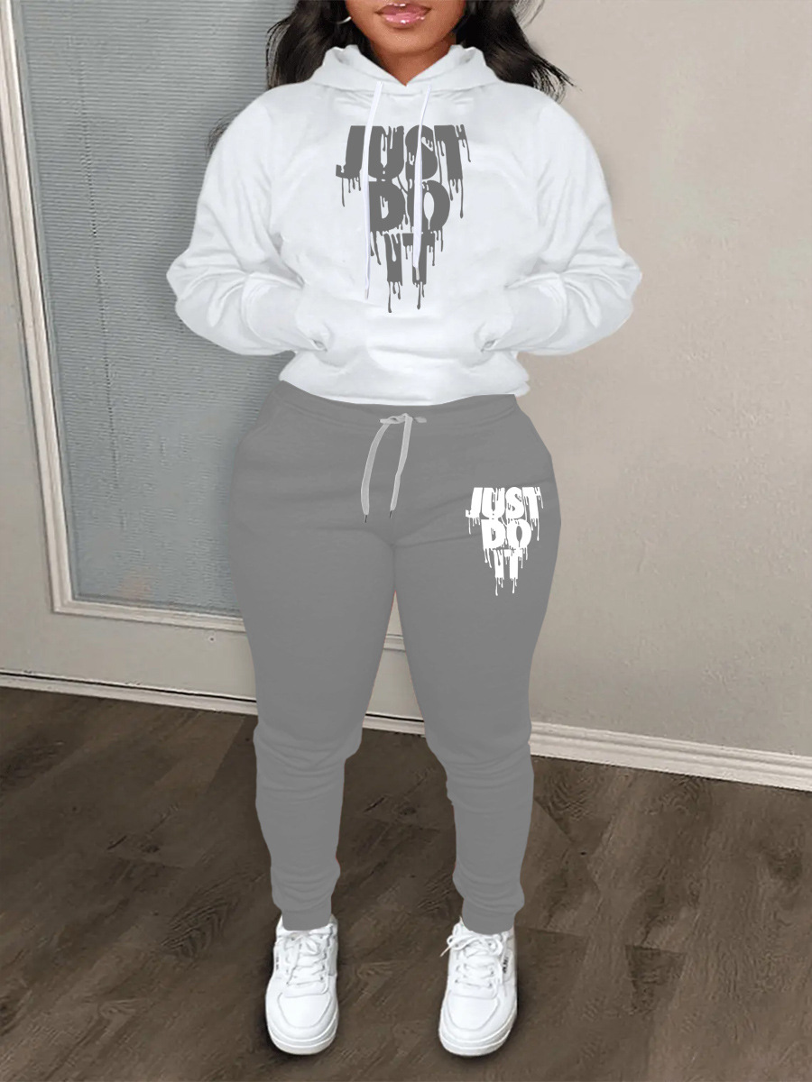 LW Letter Print Kangaroo Pocket Tracksuit Set