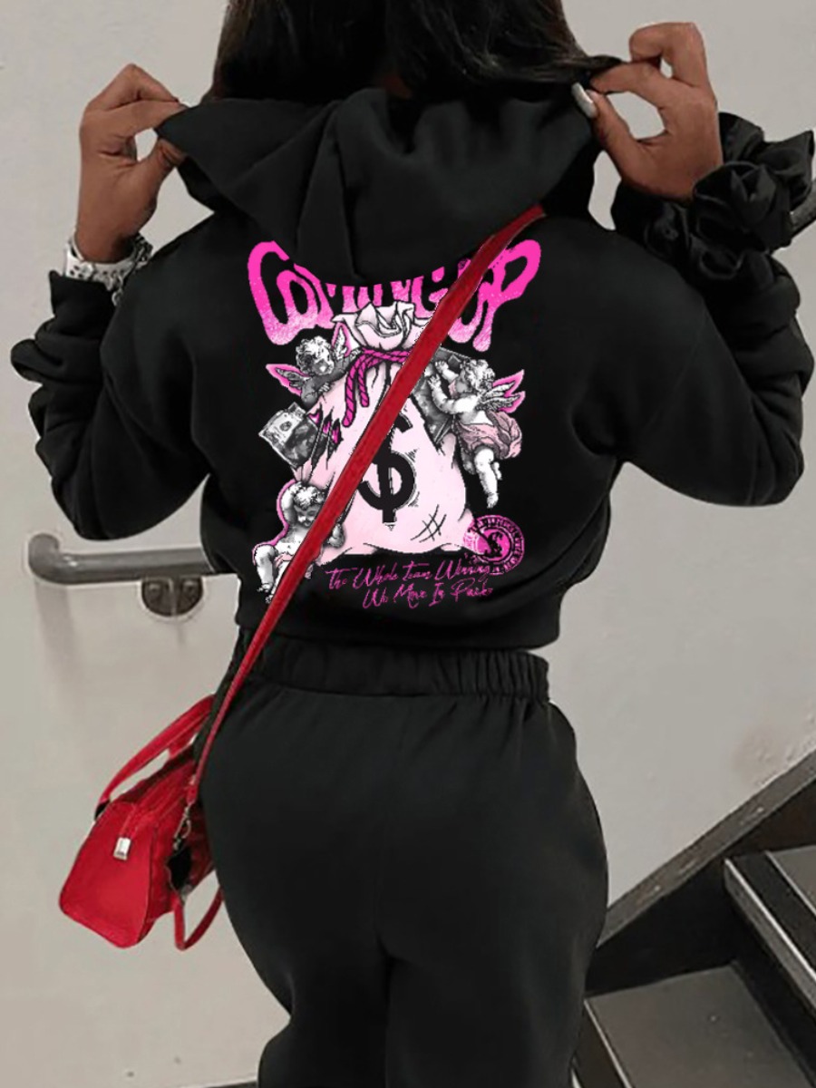 LW Plus Size Money Bag Letter Print Kangaroo Pocket Hoodie