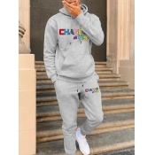 LW Men Letter Print Kangaroo Pocket Tracksuit Set