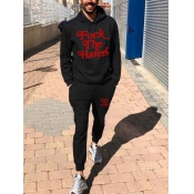 LW Men Letter Print Kangaroo Pocket Tracksuit Set