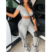 LW Crop Top Tassel Design High Waist Pants Set