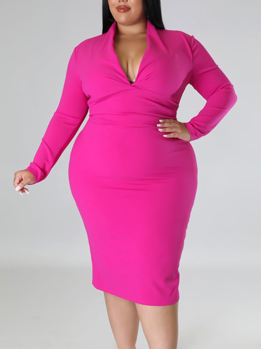 LovelyWholesale Plus Size V Neck Bodycon Dress Fall Long Sleeve Elegant Ruched V Neck  4X Spring Summer 2024
