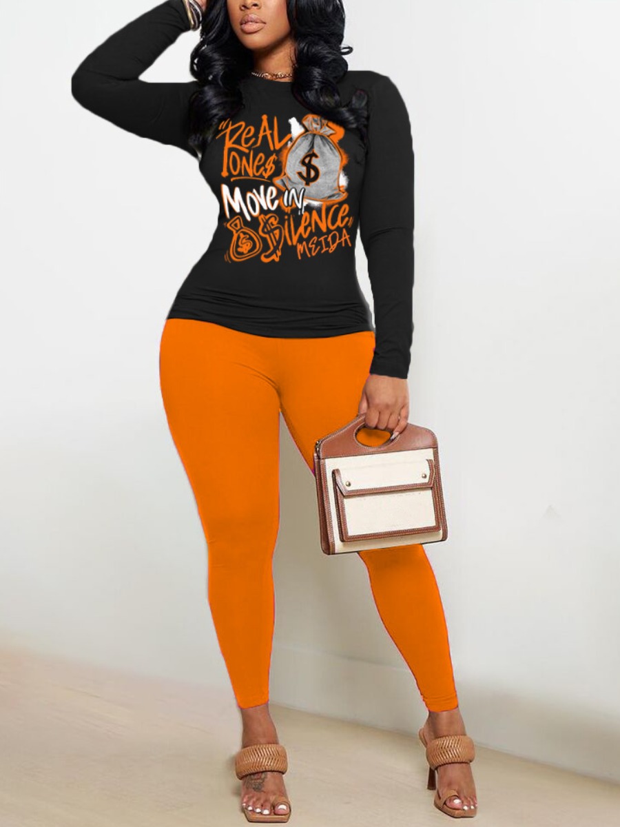 LW Pattern Print Letter Skinny Two-piece Pants Set
