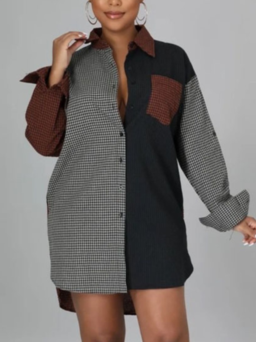 LW Plaid Print Pocket Design Shirt Dress