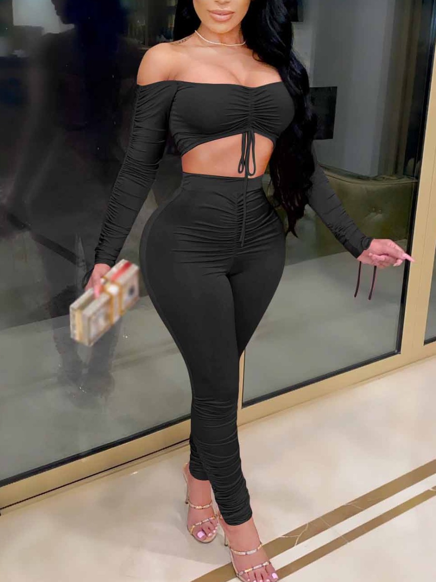 LW Off The Shoulder Ruched Drawstring Pants Set