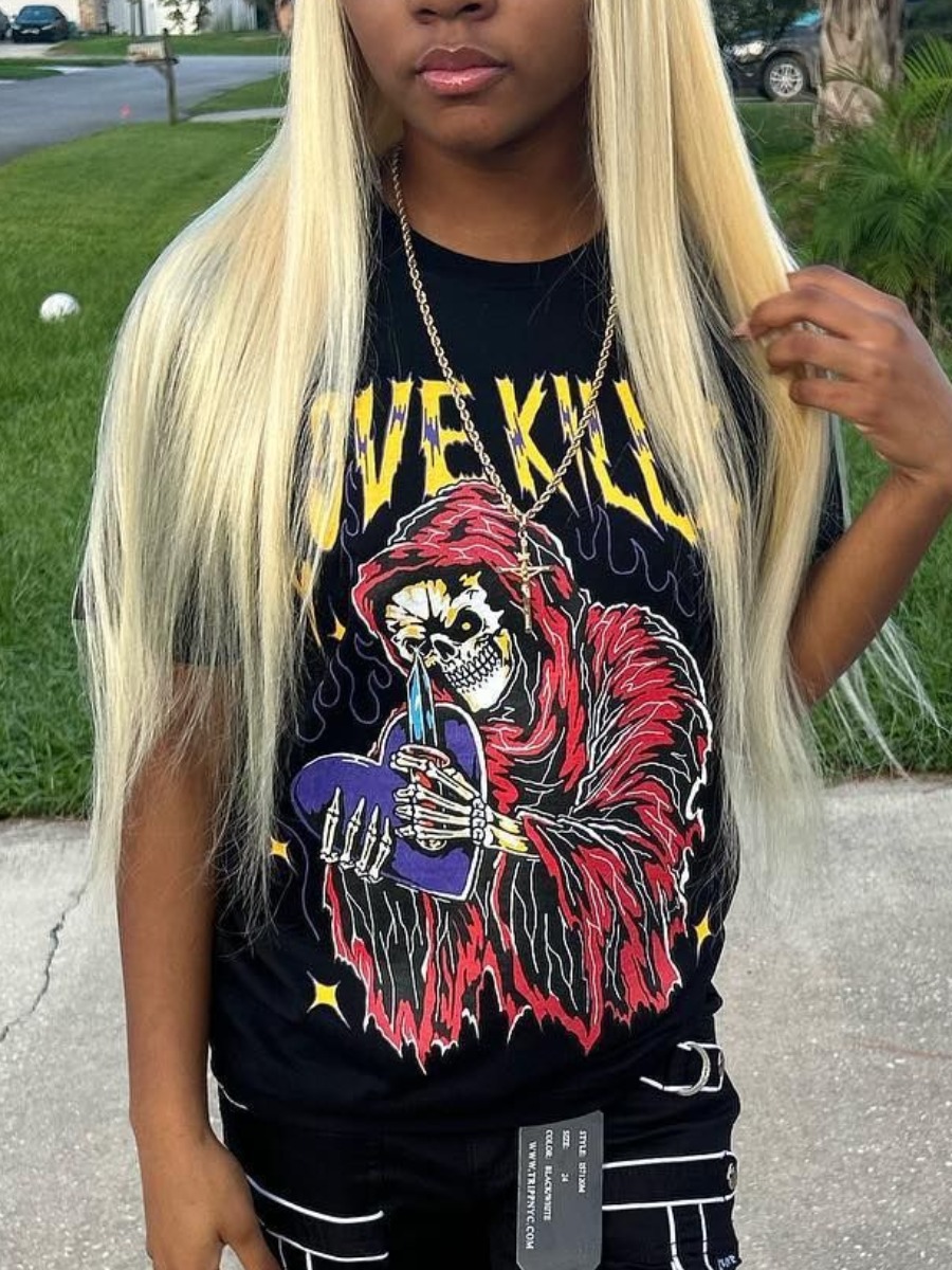 LW Skeleton Heart Letter Print T-shirt