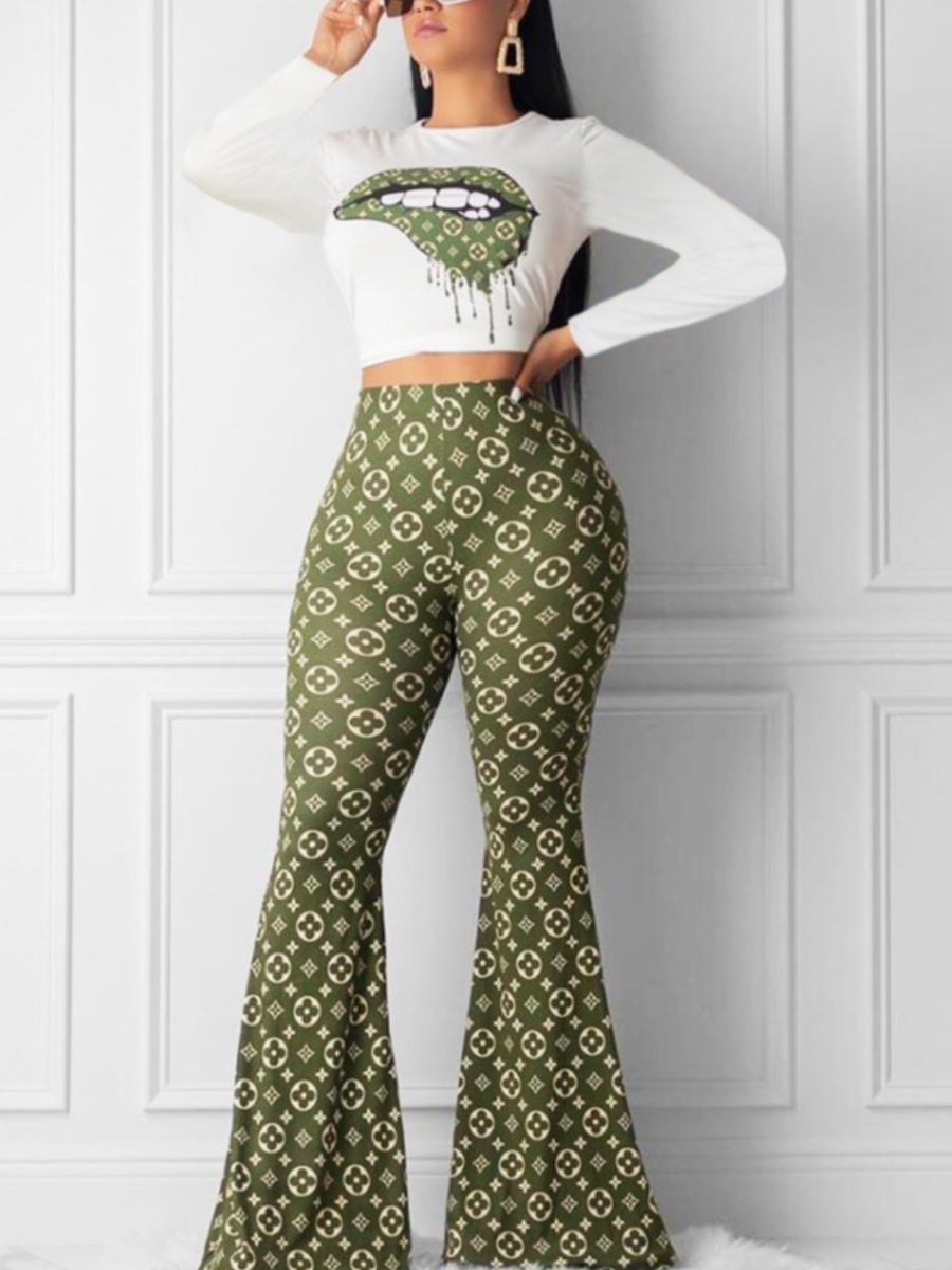 LW Crop Top Geometric Lip Print Flared Pants Set