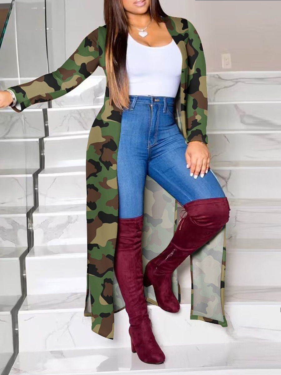 LW Plus Size Camo Print Loose Trench Coat
