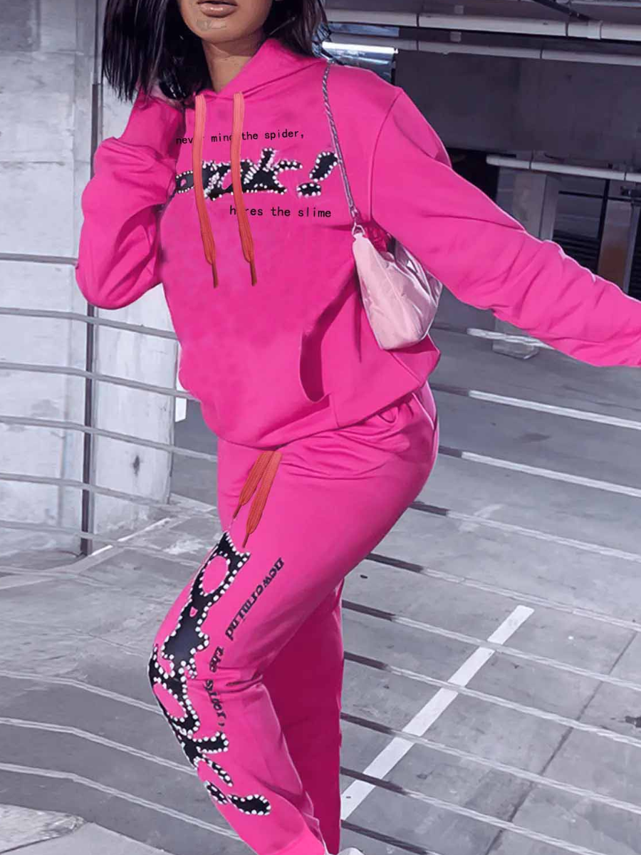 LW Spider Web Letter Print Kangaroo Pocket Tracksuit Set