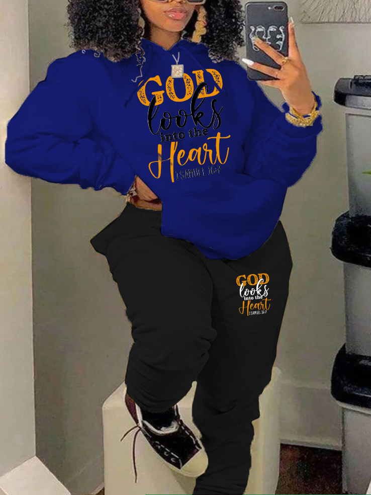 LW Plus Size Letter Print Kangaroo Pocket Tracksuit Set